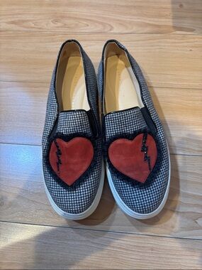 Charlotte Olympia Black-and-White Houndstooth Slip-Ons with Red Heart Patch